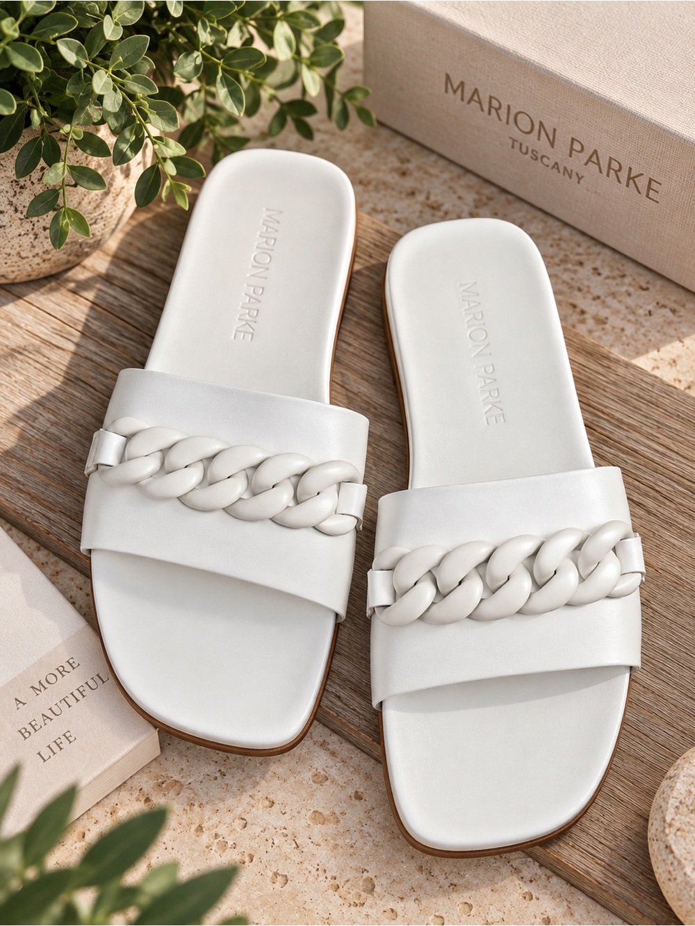 Marion Parke White Leather Chain Slide Sandals Italy Women’s 9